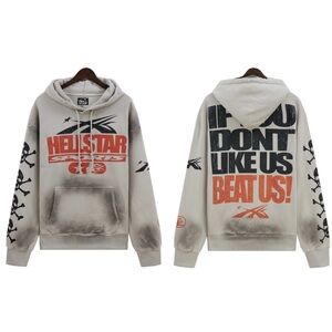 Hellstar Beige Graphic Hooded Sweatshirt with Black & Orange Print